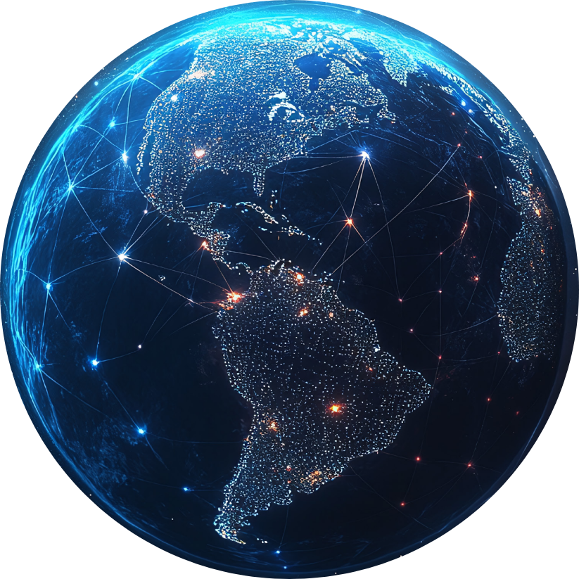 Representação de globo digital conectando a América Latina aos demais continentes, simbolizando a expansão global da Giunti Psychometrics