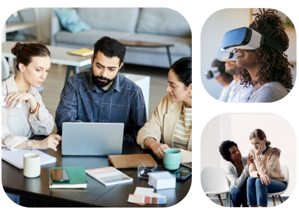 Equipe colaborando em reunião, pessoa utilizando óculos de realidade virtual e atendimento psicológico, representando a missão da Giunti Psychometrics