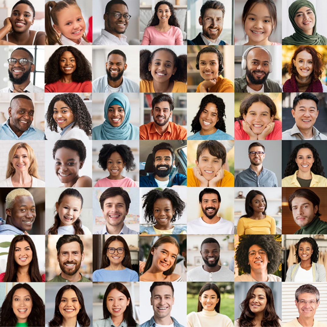 Mosaico de fotos de colaboradores da Giunti Psychometrics em diferentes países