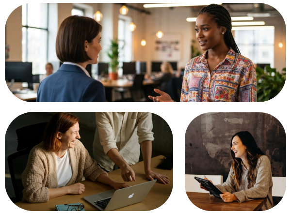 Profissionais em ambiente colaborativo de trabalho, representando a visão da Giunti Psychometrics em Psicologia